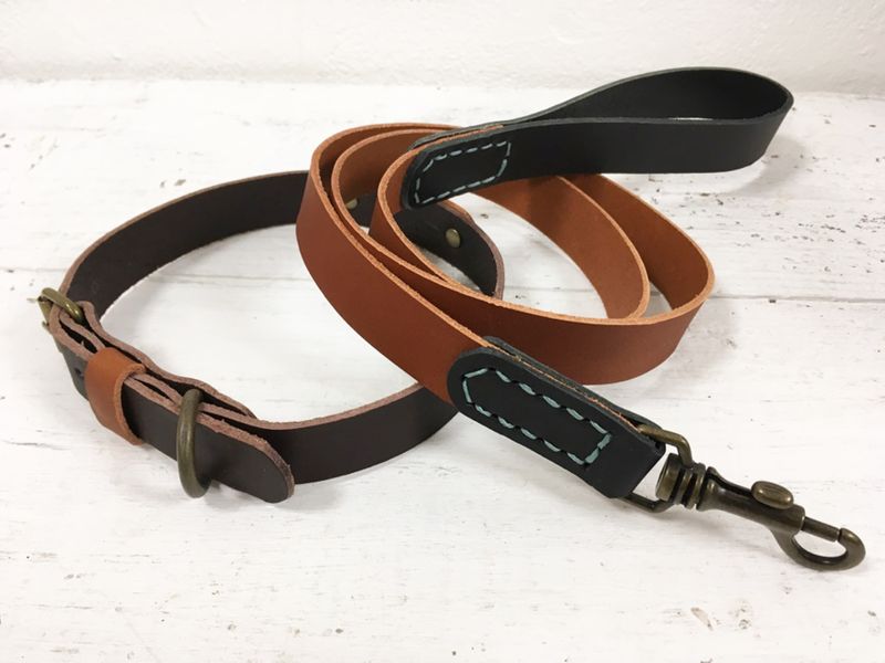 Veg tan dog collar and lead with hand stitched detail
