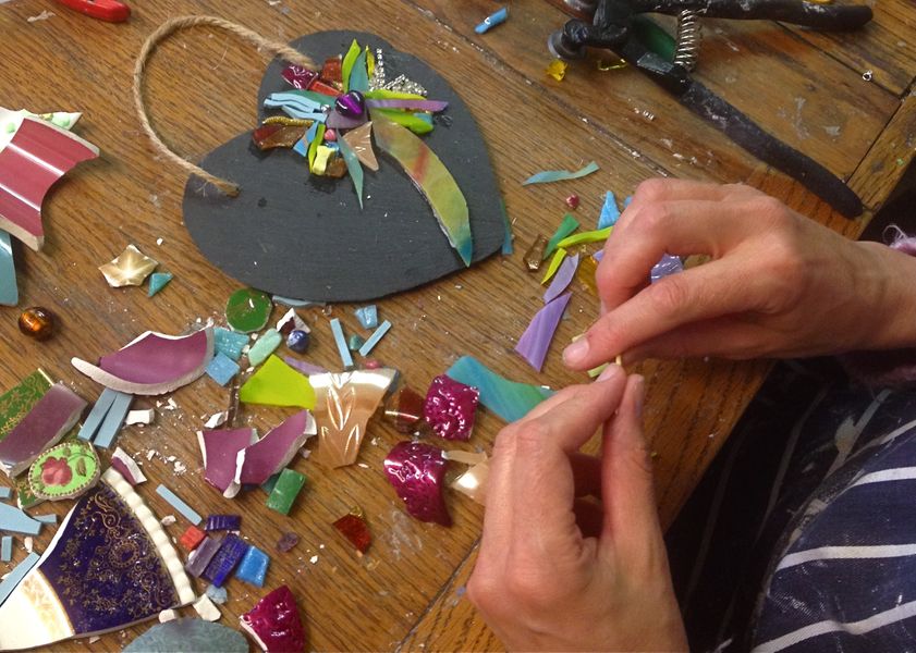 Students work - made using slate, stained glass and beads.
