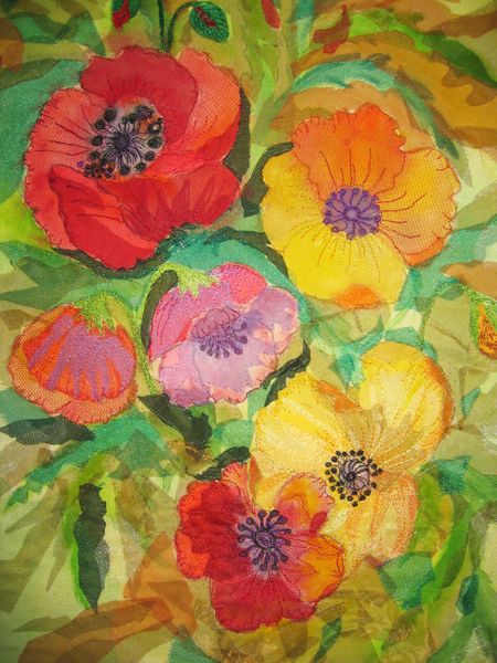 Poppies - free machining with dyes and applique