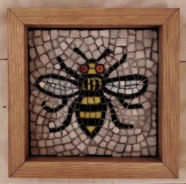 "Rubro Oculo Mancunian Operarius", marble, glass & millefiori mosaic, framed in solid oak