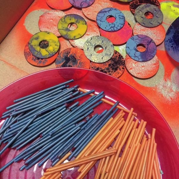 Dyed cotton buds and dyed and painted washers