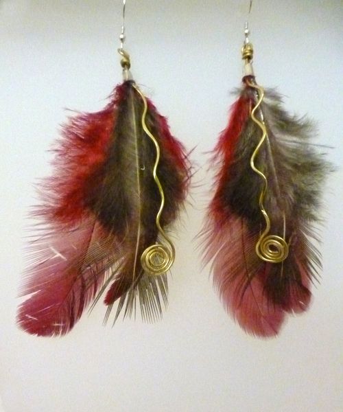 Feather and brass earrings by Elaine Stewart