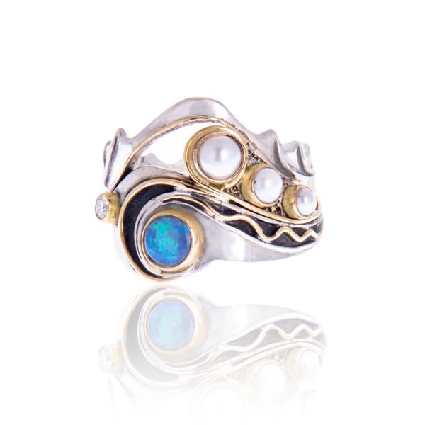Unique ring in silver, gold, pearls opal and diamond by Lucy Copleston, 2020