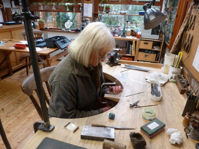 Lucy Copleston at the workbench in her Workshop in North Wales