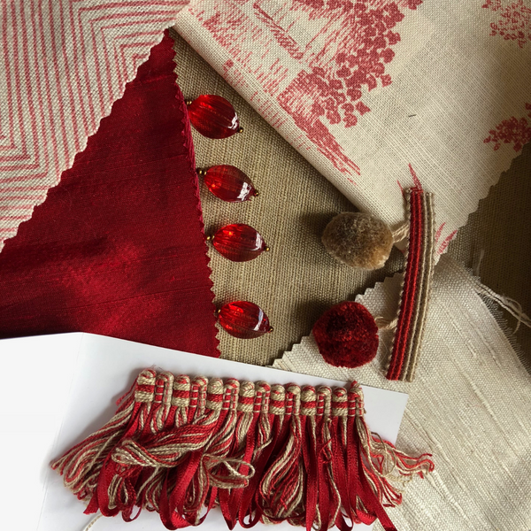 Colour matching for bespoke scatter cushions in hues of red and cream