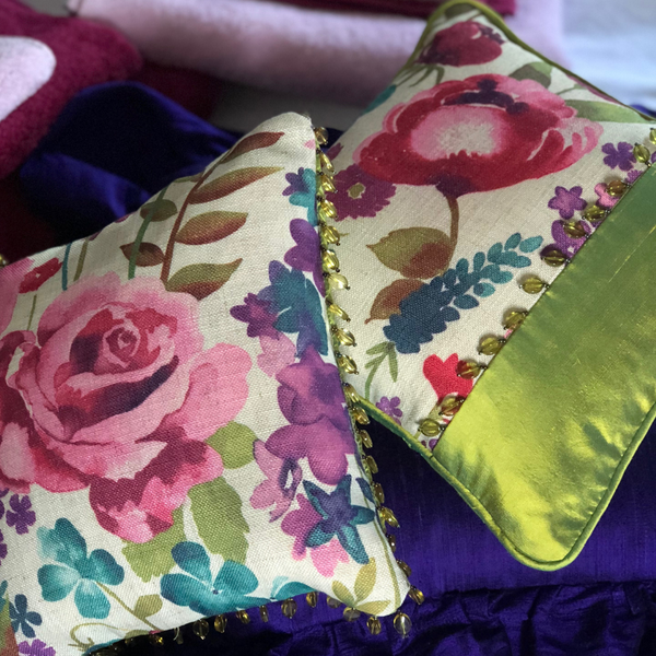 Scatter cushions in vibrant linen & silk texture mix with a beaded trim
