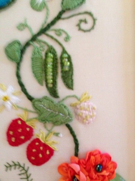 Sweet peas and strawberries in stumpwork