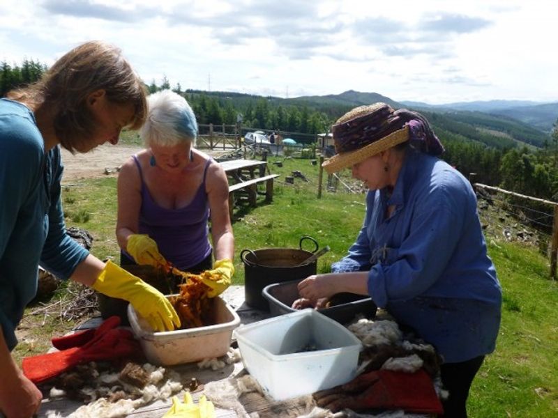 Natural dyeing on Wild Rose Escapes Hand-Spinning course, Highlands, Scotland