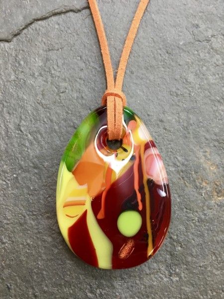 Inspired by red lilies, fused glass pendant, cold worked at Rainbow Glass Studios Advanced Fused Glass Course