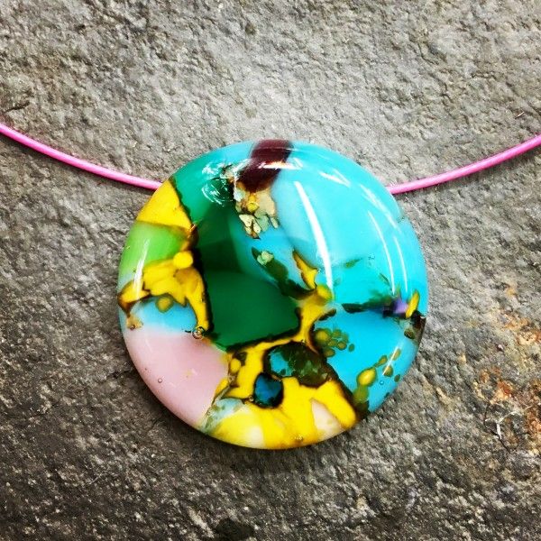 Neama's fused glass pendant inspired by a favourite head scarf : Rainbow Glass Studios, London N16 0JL
