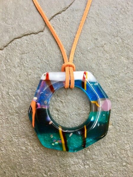 One of Julie's beautiful donut pendants from the Advanced Fused Glass Jewellery Course at Rainbow Glass Studios London