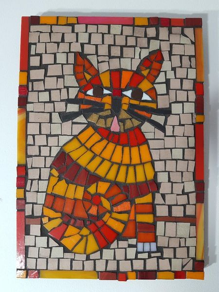 Cat in glass and unglazed ceramic tiles