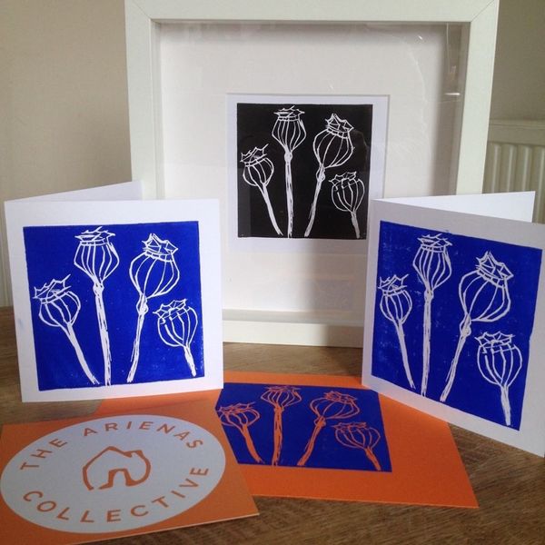 Cards and framed print created on lino printing workshop at The Arienas Collective in Edinburgh