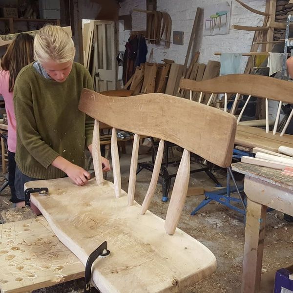 Lulu's oak garden bench.  Her first piece of woodworking.