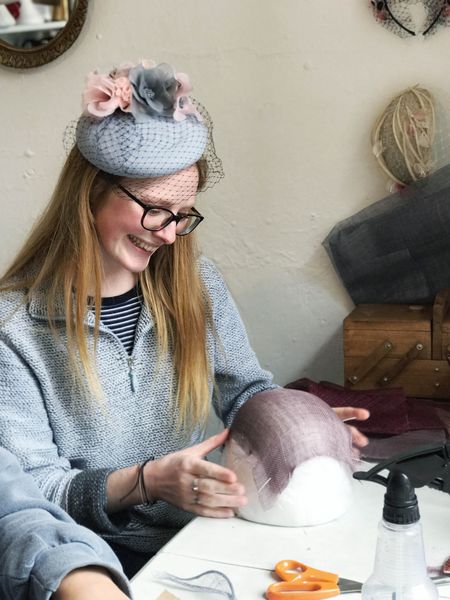 Elena Shvab Millinery, Fascinator Hat Workshop, student blocking a hat base