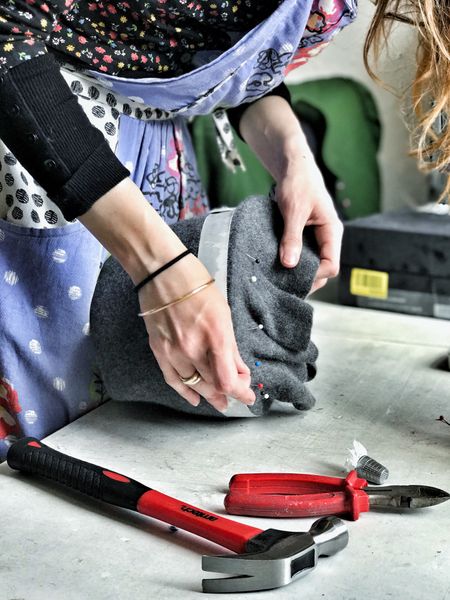 Elena Shvab Millinery, Felt Hat Course, Blocking of a hat crown is in process