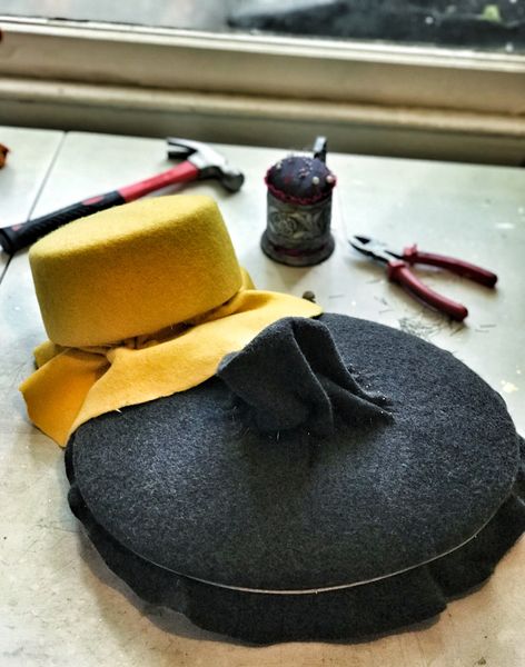 Elena Shvab Millinery, Felt Hat Course, stretched wool felt is drying on a hat block
