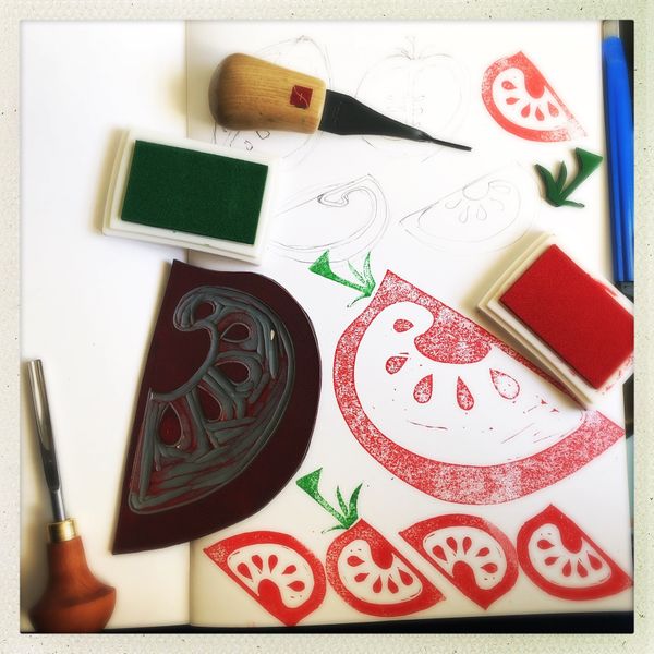 Lino and rubber stamp