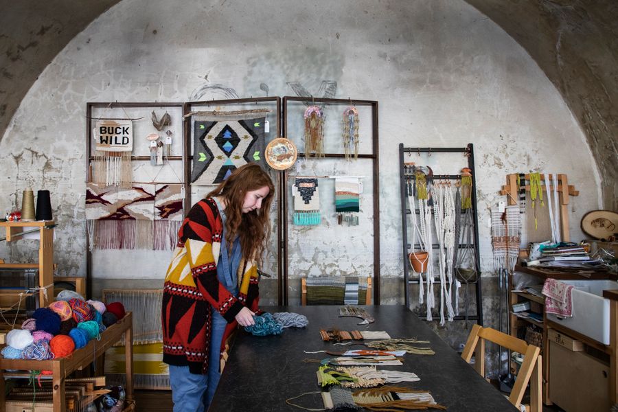 Textile Artist Alice Hume in her studio at Hotwalls, Old Portsmouth. Photograph by Sophie Twining.