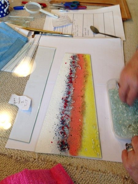 A Student on our fused glass workshop in Lytham St Annes using glass powders and recycled glass to great effect