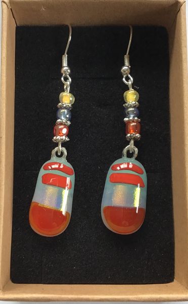 Beads have been added to the stem of these sheet & dichroic fused glass earings.