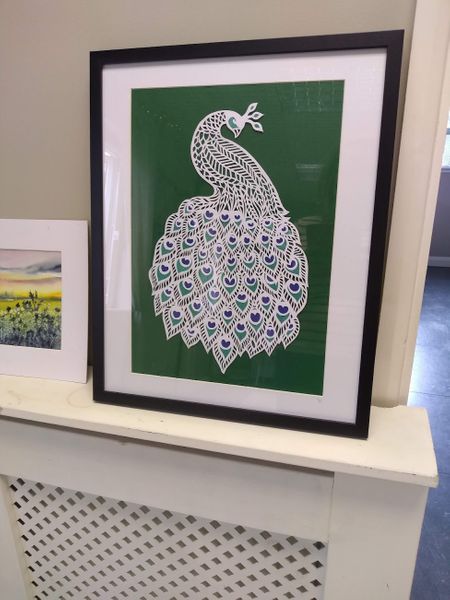 Framed peacock with added colour