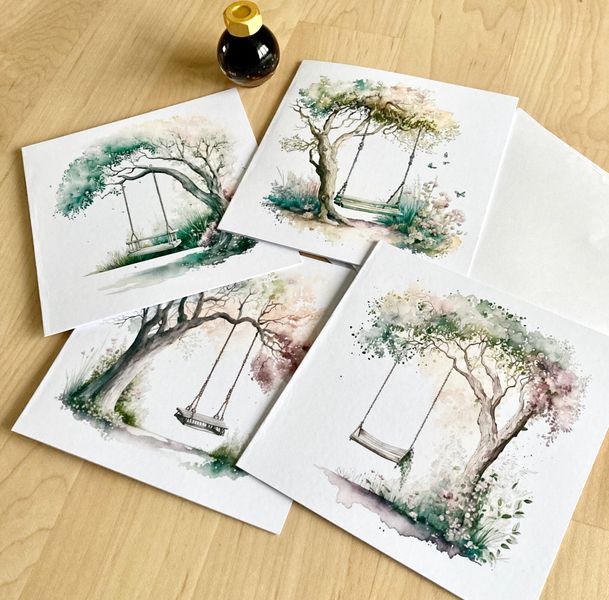 Watercolour print Country Tree swing cards pack 4