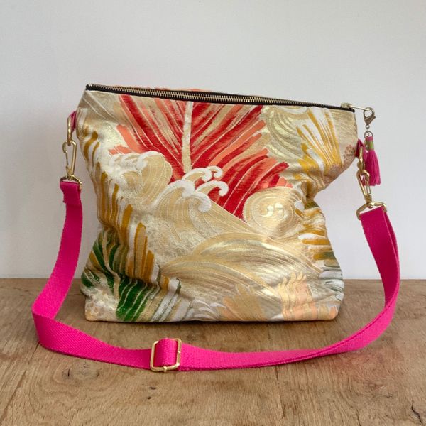 Golden Wave Vintage Kimono Bag with Pink Detachable, Adjustable Strap.