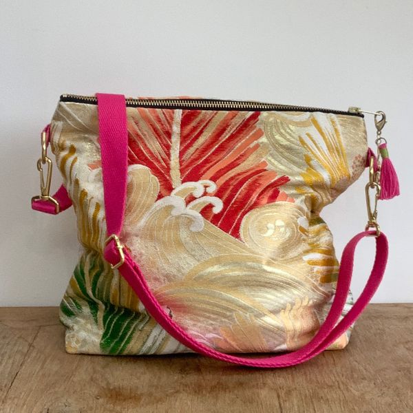 Golden Wave Vintage Kimono Bag with Pink Detachable, Adjustable Strap.