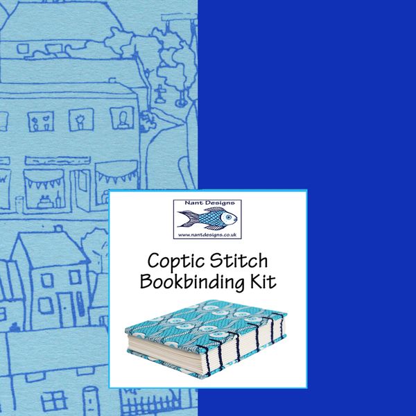 coptic bookbinding kit with blue"houses' design covers