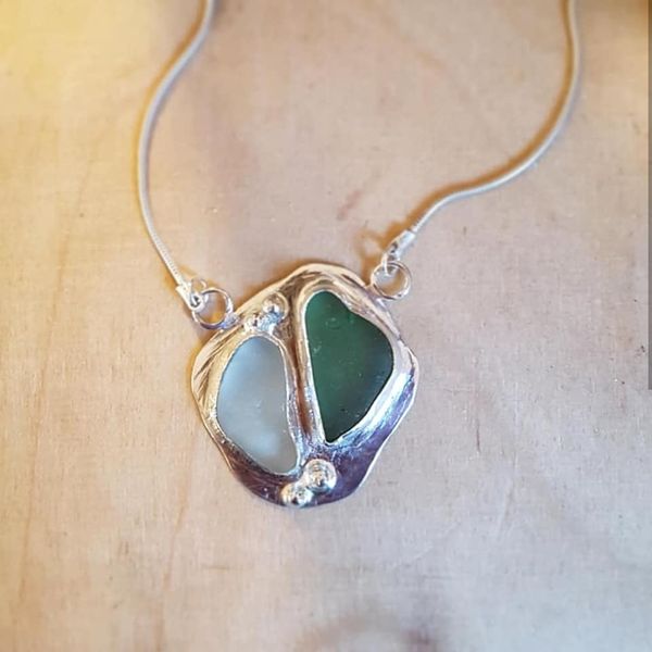 double sea glass and silver pendant