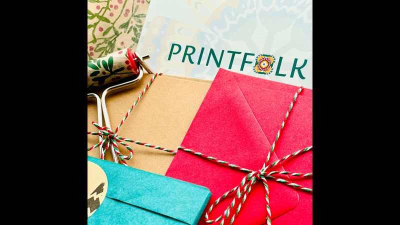 Printfolk kit close up on cards and roller