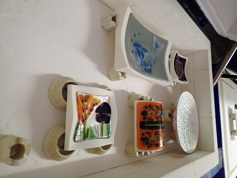 Some fused and slumped glass creations made on a glass fusing day in our Chilham studio