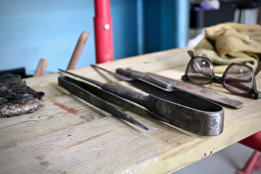 Glassblowing tools on the bench