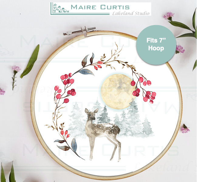 Festive winter moon wreath and deer design printed on cotton panel for embroidery or quilting