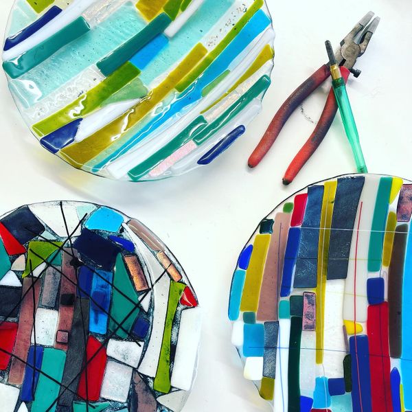 Fused glass workshop bowls made at The Silver Zebra studio