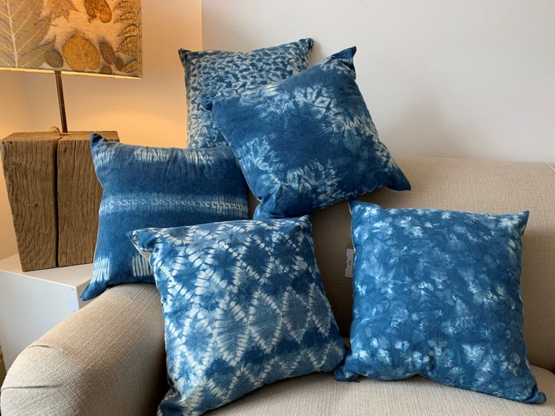 Shibori cushions dyed in natural indigo