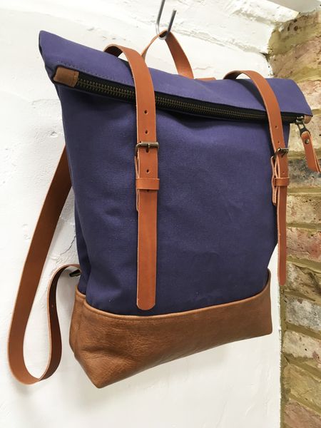 Navy canvas and tan leather rucksack