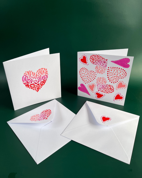 Hand block printed greetings cards and envelopes with heart design