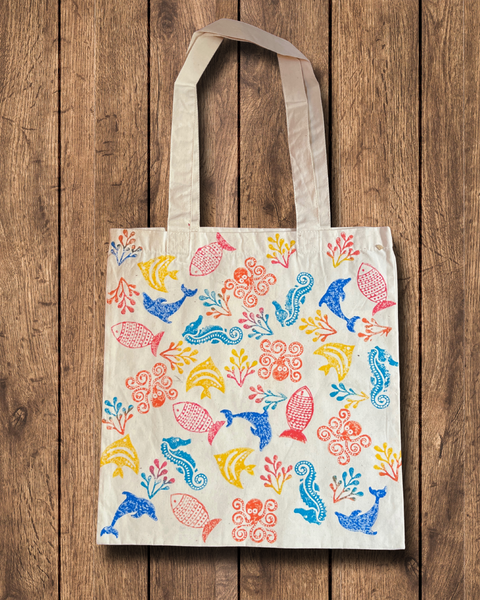 Sea creatures hand block printed tote bag