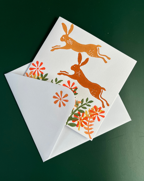 block printed greetings card with hare design