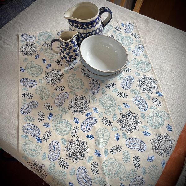 Hand block printed tea towels paisley and mandala pattern in blue and turquoise