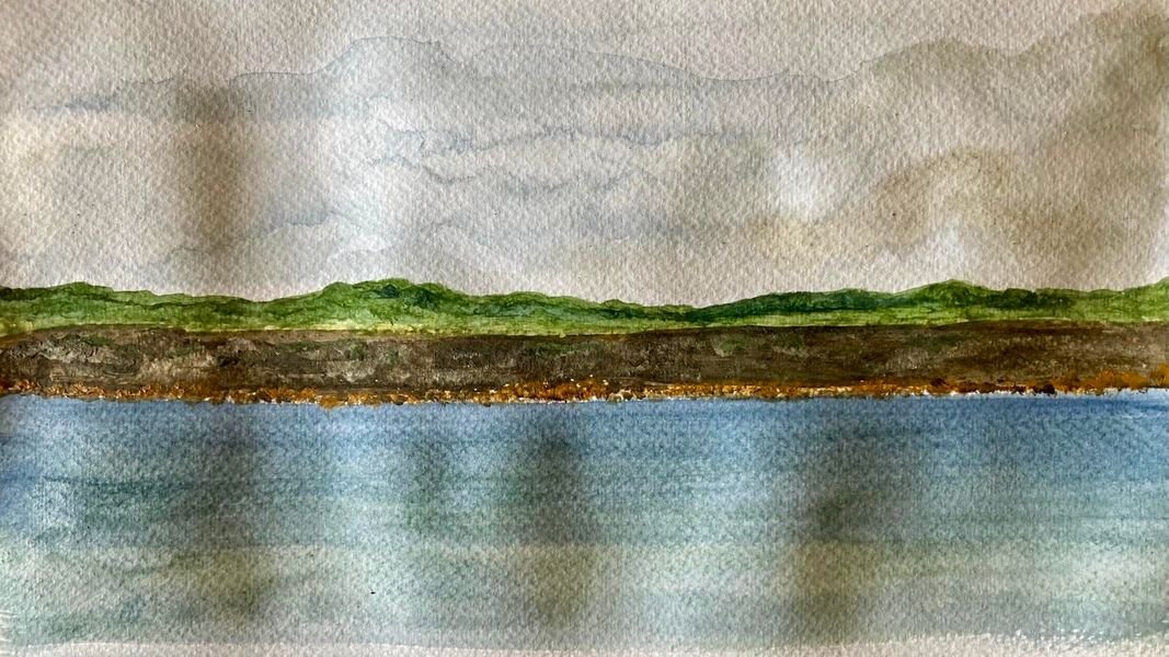 A watercolour painting of Kimmeridge Bay, using paint made from shale from this very beach