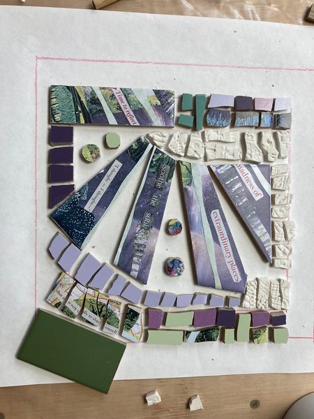 Combining collaged de-cal tile with other mosaic materials