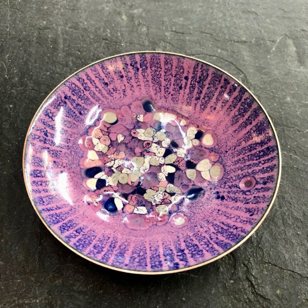 Enamelled copper bowl, floral decoration, made at Rainbow Glass Studios on the day course
