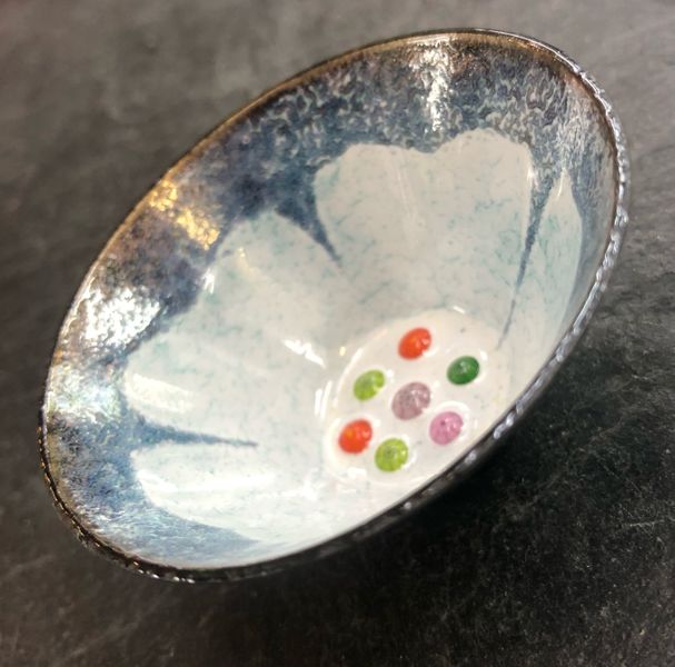 Floral bowl, using enamel and millefiore, a lovely combination!