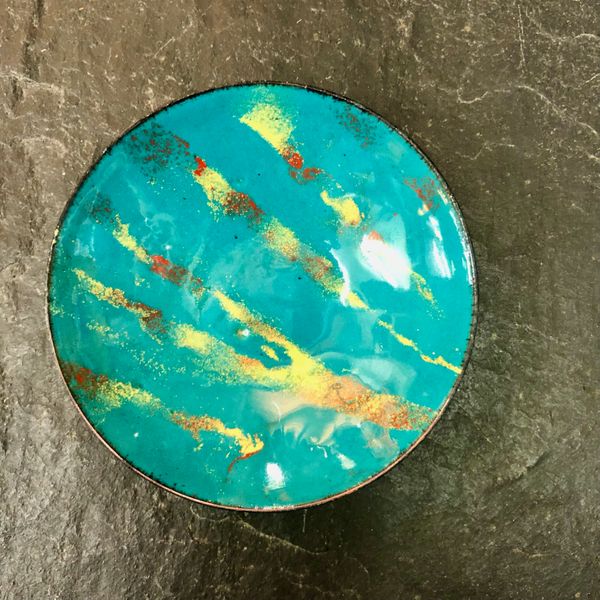 Kiln enamelled bowl , turquoise with flames design Rainbow Glass Studios N16 0JL