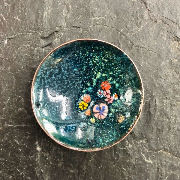 Enamelled domed pendant made on the enamelling on copper bowls day at Rainbow Glass Studios N16 0JL