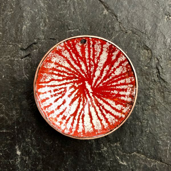 Concave enamel pendant made on the enamelling on copper bowls day course at Rainbow Glass Studios N16 0JL