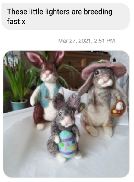 Gorgeous Easter Bunnies in their finest threads and Sunday Hats! Maker: Susan Hill. Susan followed the Art Felt Fibres video Master Class and used the Template to great effect by scaling the size of her bunnies. She created a whole Easter Bunny experience for her Grandchildren! 